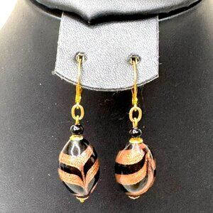 Handcrafted Glass Bead Dangle Earrings Black Gold Hollywood Regency Swirl Lever